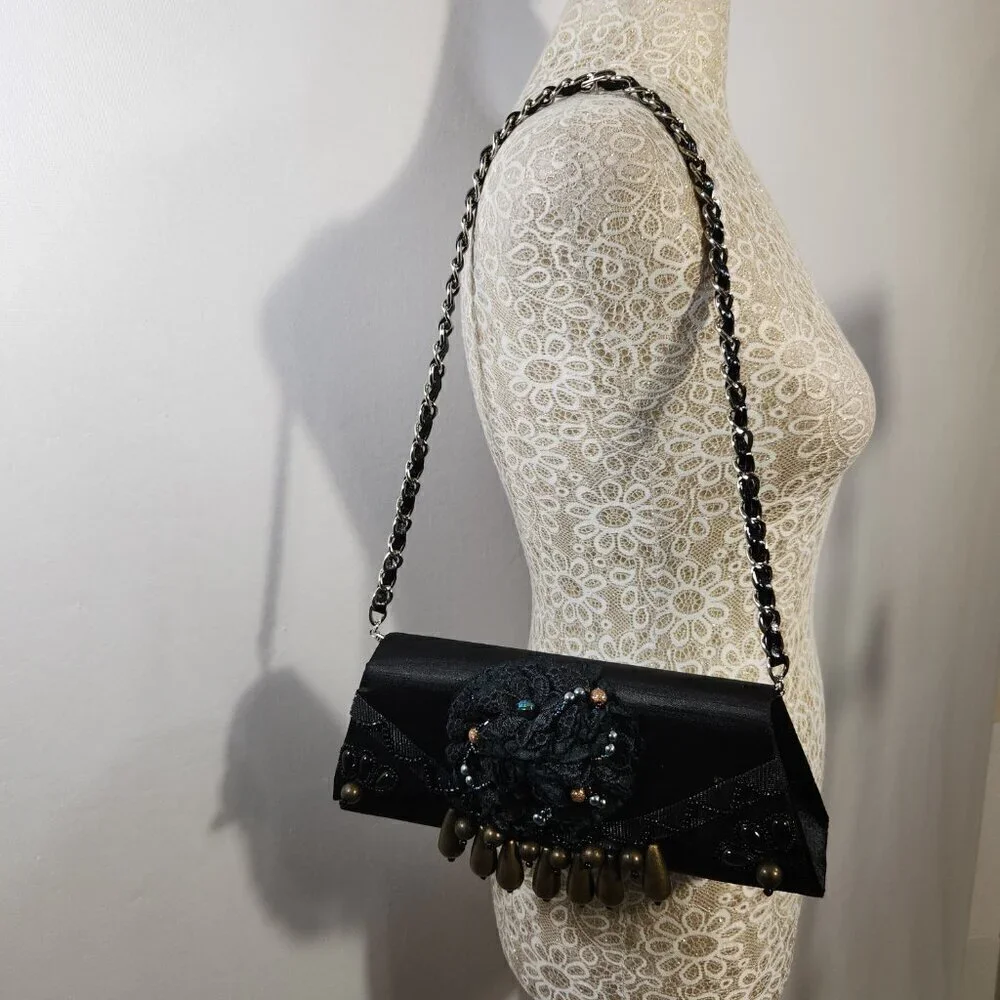 Women Vintage Small Black Satin Beaded Evening Shoulder Clutch Bag Formal Party